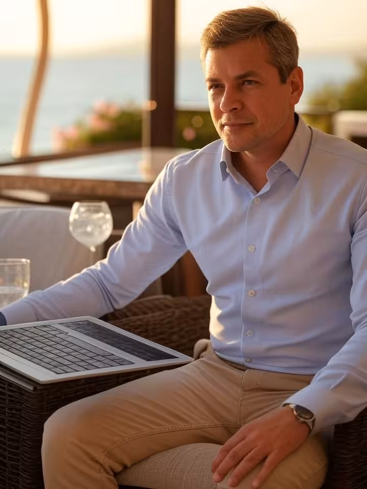 Sugar daddy considerando opciones de allowance en terraza de hotel de lujo en Marbella