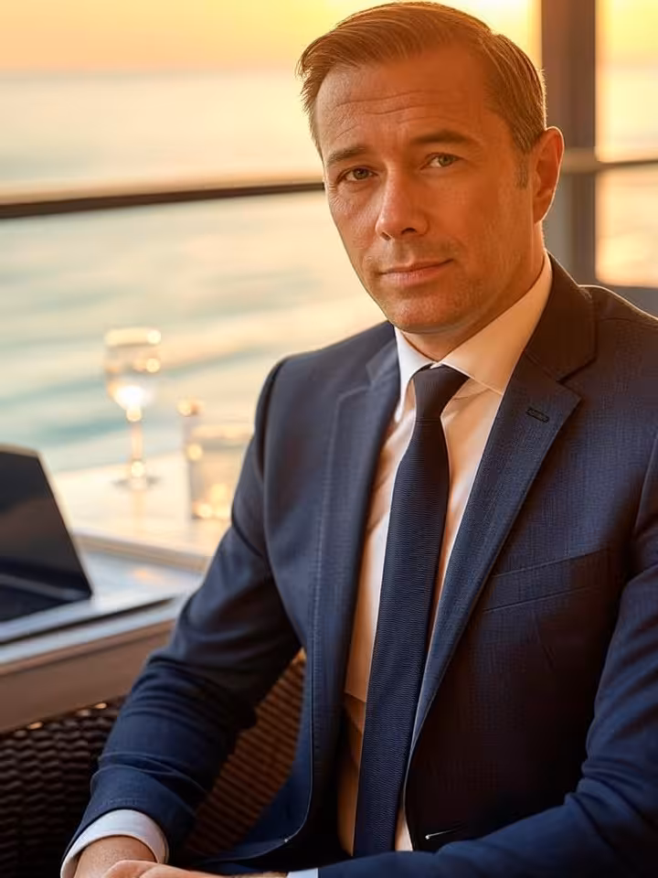 Hombre de negocios contemplando su entrada al sugar dating desde terraza de hotel de lujo
