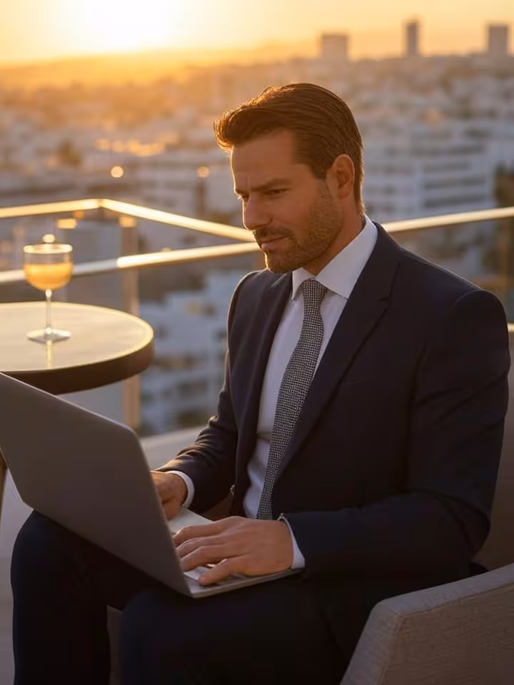 Sugar daddy profesional disfrutando de una tarde en terraza de hotel de lujo en Marbella