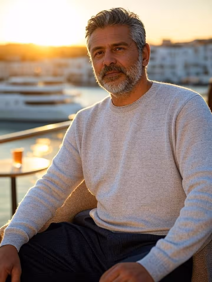 Sugar daddy reflexionando sobre celos en terraza mediterránea