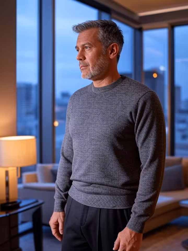 Hombre divorciado reflexionando sobre nueva etapa en apartamento de lujo en Madrid