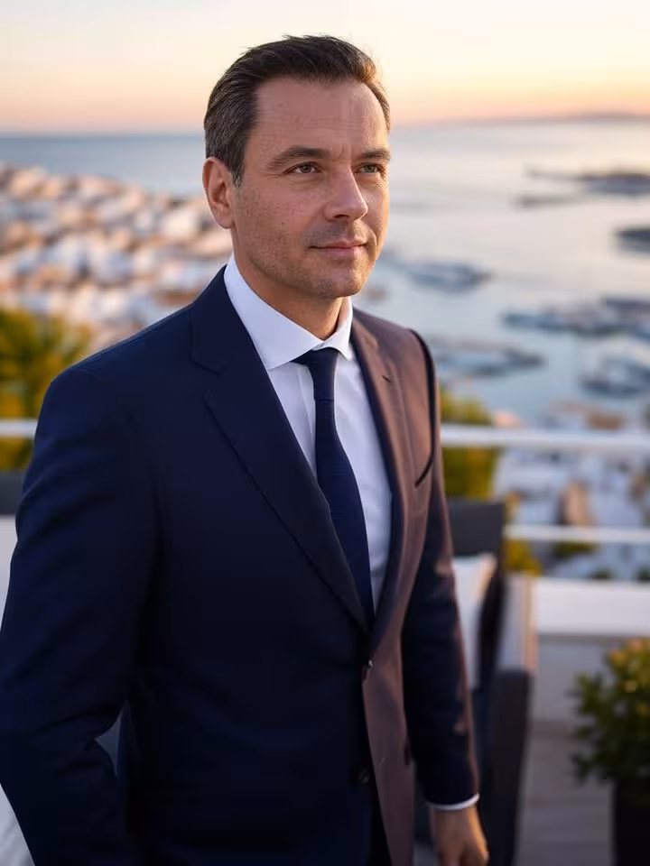 Hombre de negocios reflexionando sobre su relación de sugar dating en terraza de lujo