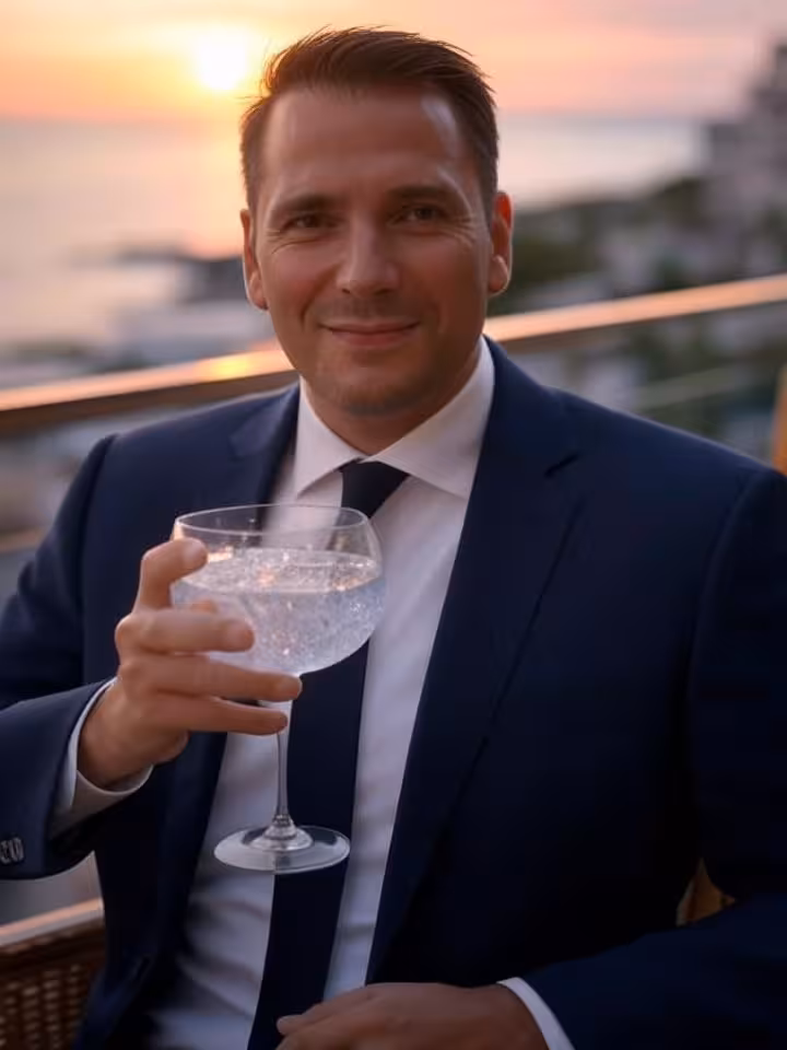 Sugar daddy disfrutando de un gin-tonic en terraza de hotel en Marbella