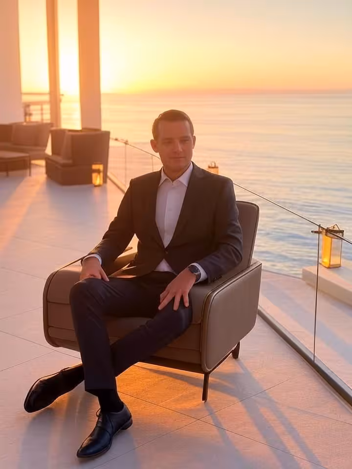 Terraza de hotel de lujo en Marbella con vistas al mar Mediterráneo al atardecer