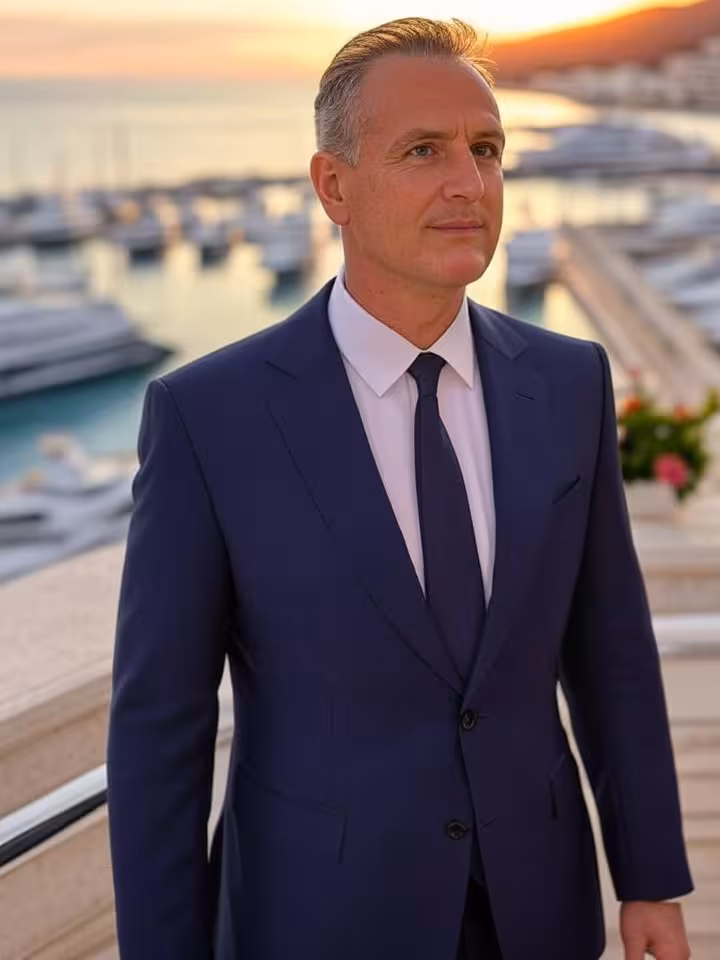 Sugar daddy con estilo elegante en terraza de Puerto Banús con traje a medida