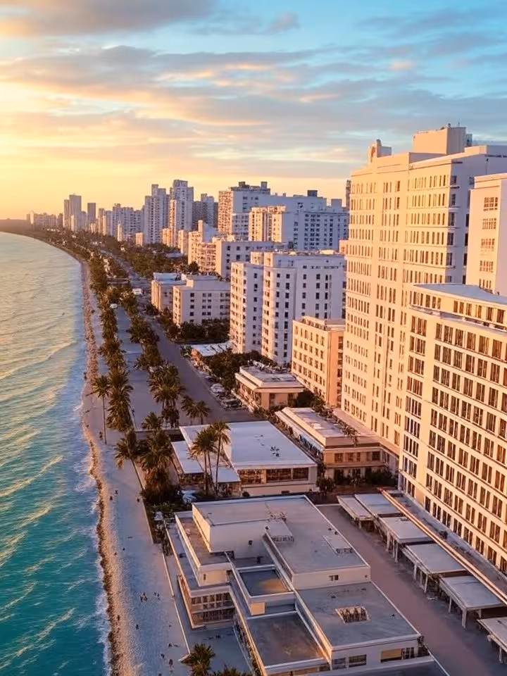 Vista aérea del skyline de South Beach Miami al atardecer