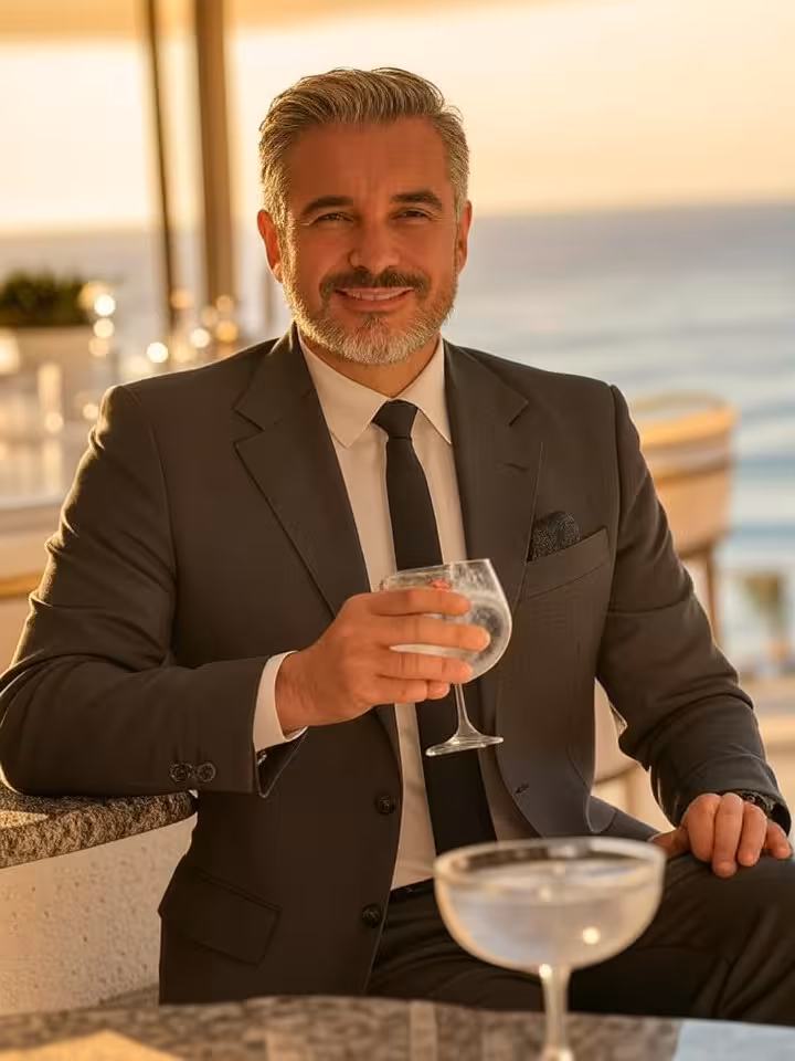 Sugar daddy disfrutando de una copa en terraza exclusiva de Marbella