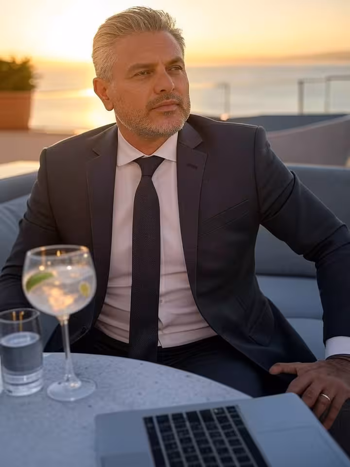 Sugar daddy en terraza de hotel de lujo conversando online