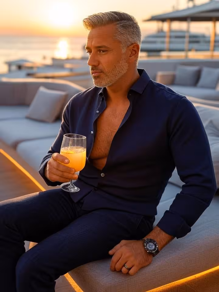 Sugar daddy de 40 años disfrutando de un cóctel en terraza de lujo en Puerto Banús