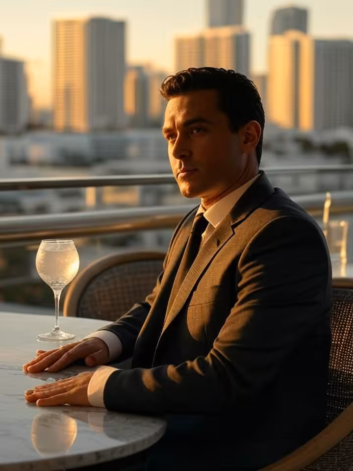 Terraza de hotel de lujo en Miami Beach al atardecer con vista al skyline