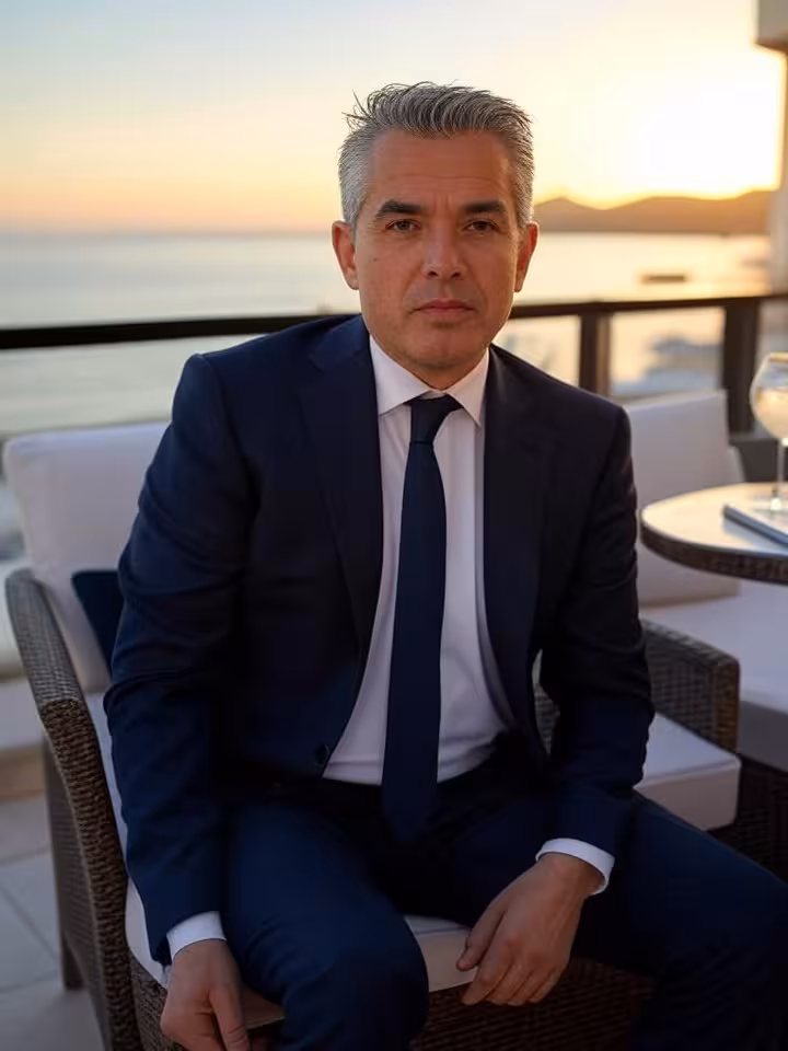 Hombre de negocios en terraza de hotel de lujo con vistas al Mediterráneo, representando el estilo de vida del sugar daddy