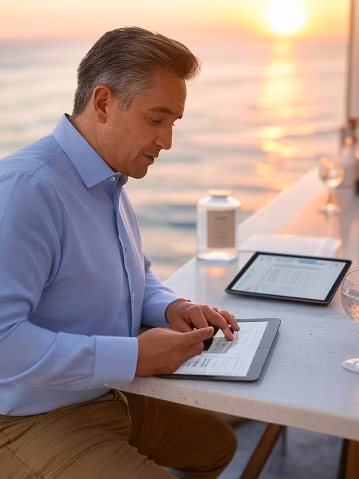 Hombre de negocios revisando finanzas en terraza con vistas al mar