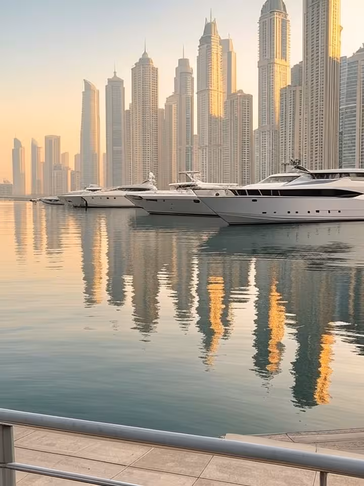 Vista panorámica de Dubai Marina al atardecer con yates de lujo