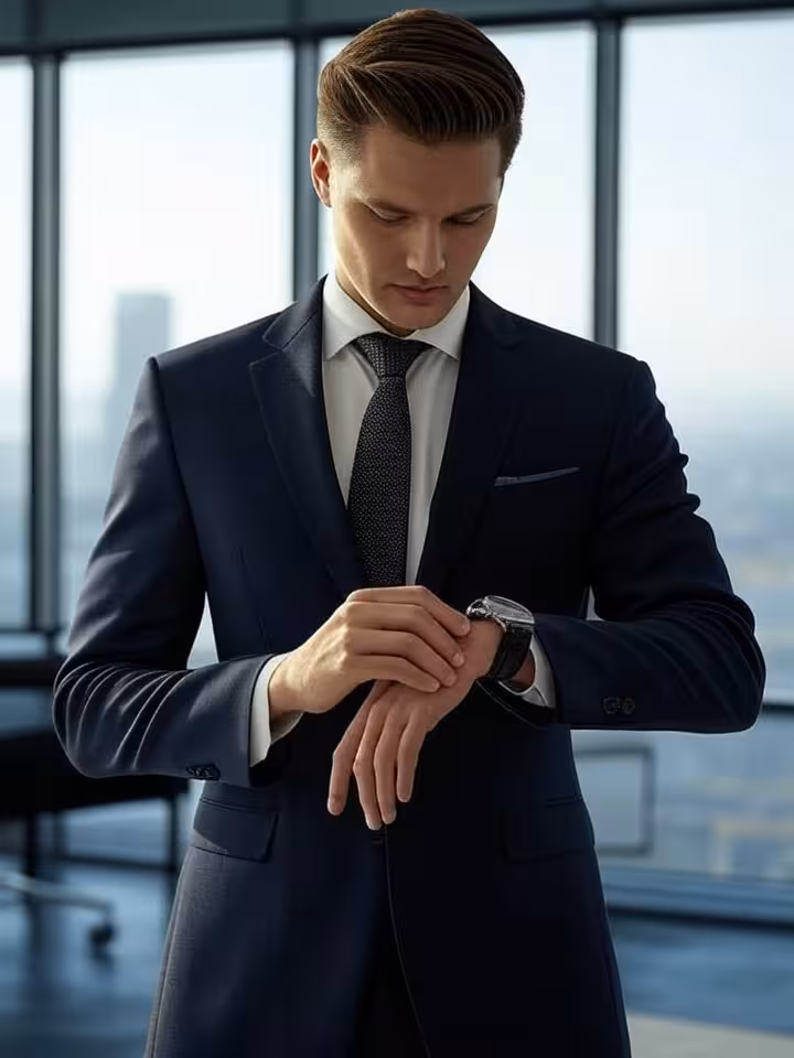 Ejecutivo consultando su reloj de lujo en entorno corporativo de alto nivel