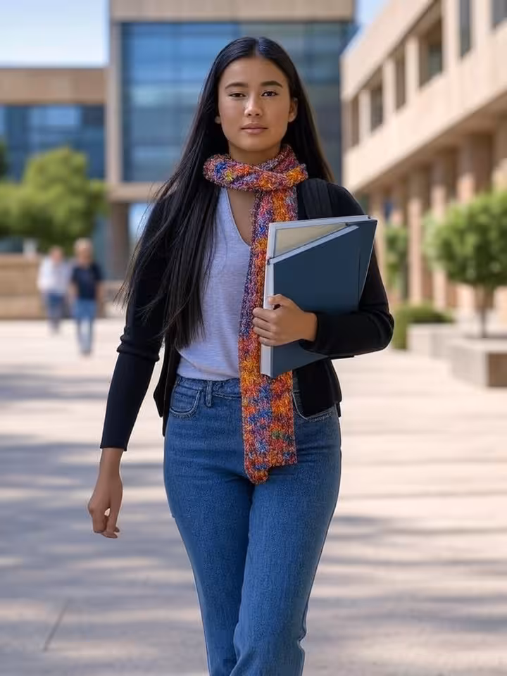 Estudiante universitaria en campus moderno de Madrid o Barcelona