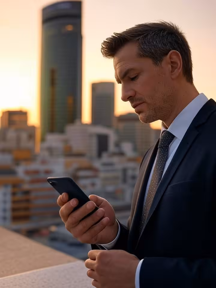 Sugar daddy evaluando su situación personal en entorno urbano de Madrid