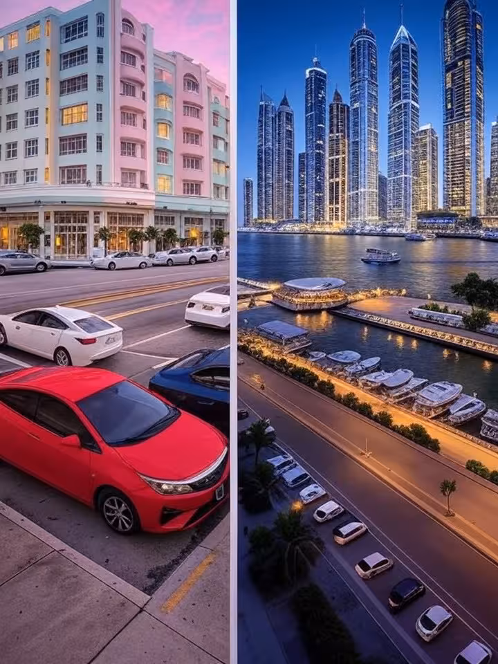 Collage de destinos internacionales de lujo incluyendo Miami, Dubai y París