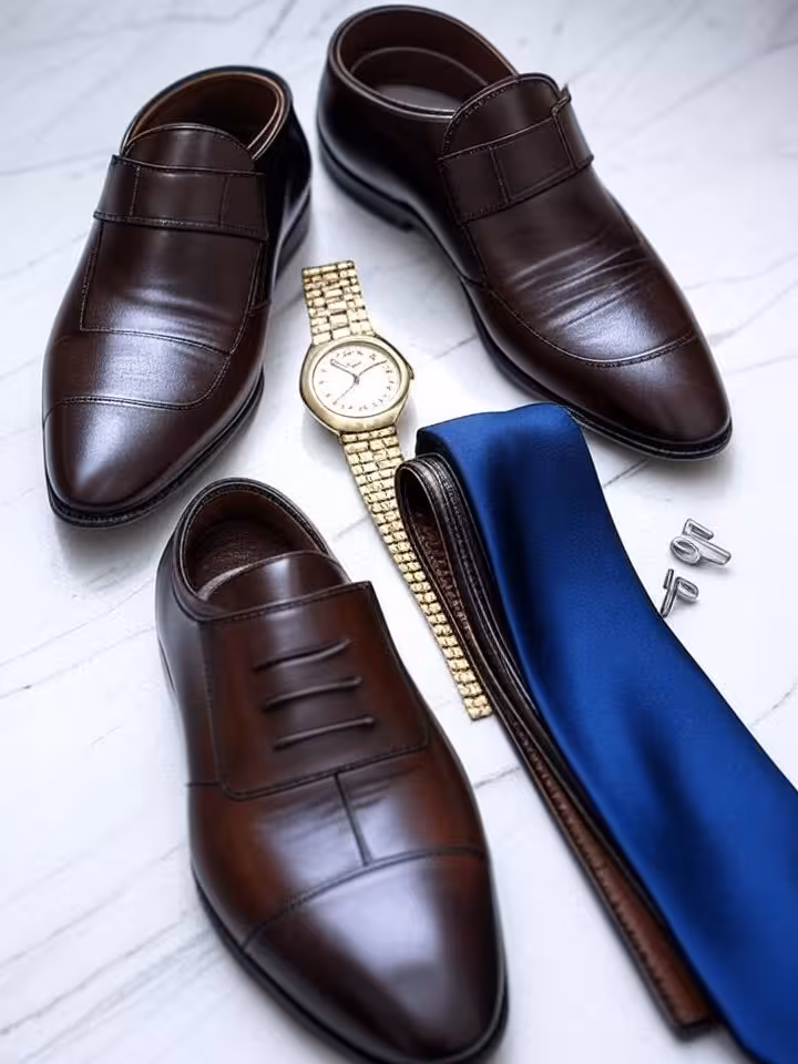 Accesorios elegantes para hombre incluyendo reloj de lujo y zapatos de cuero