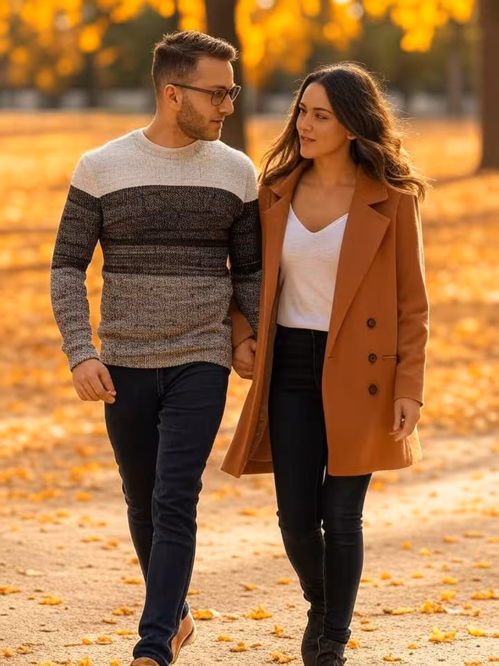 Pareja disfrutando de un paseo otoñal por el Retiro en Madrid