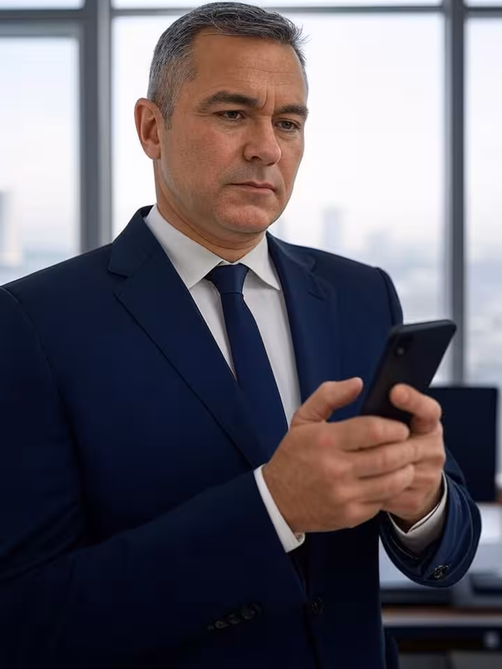 Sugar daddy reflexionando sobre propuesta económica en entorno profesional