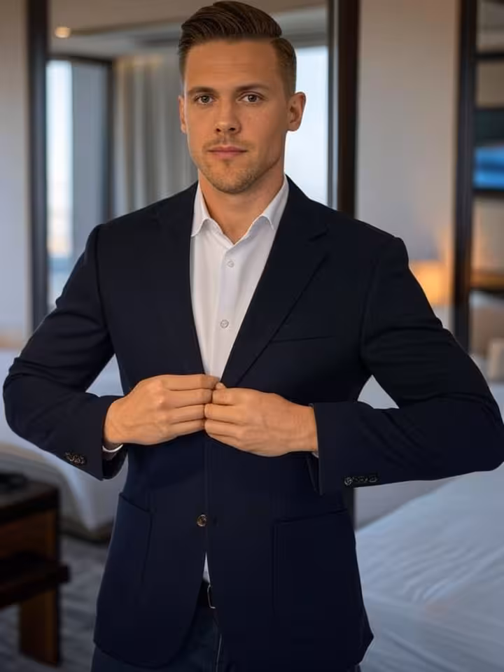 Hombre profesional preparándose antes de primera cita como sugar daddy