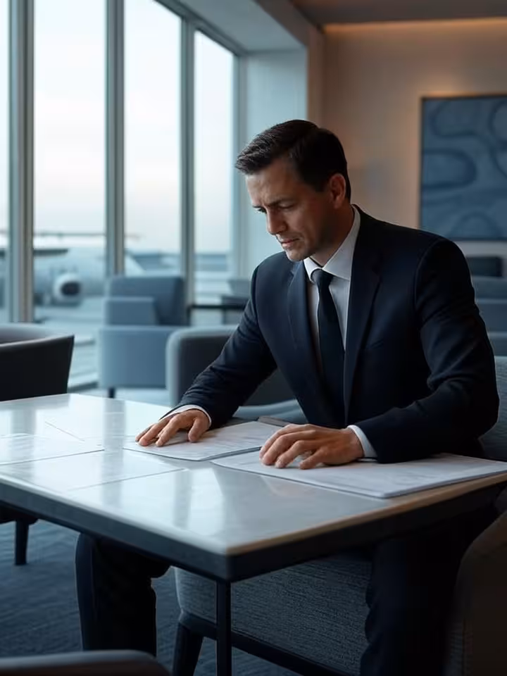 Viajero de negocios en sala VIP de aeropuerto representando el estilo de vida internacional del sugar daddy