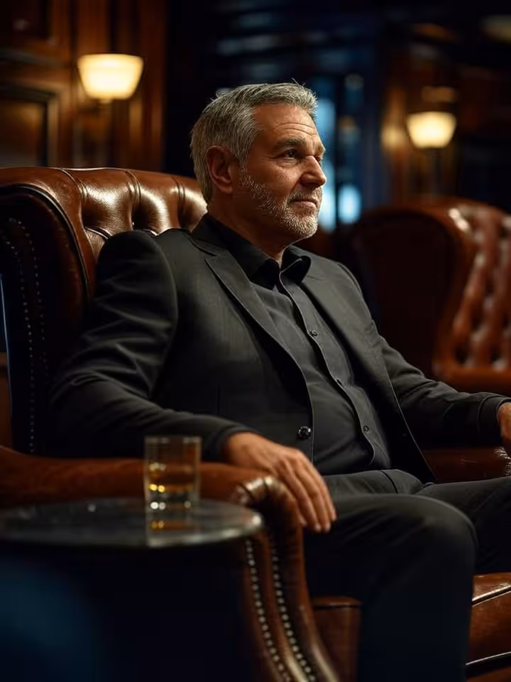 Hombre reflexionando solo en club privado exclusivo