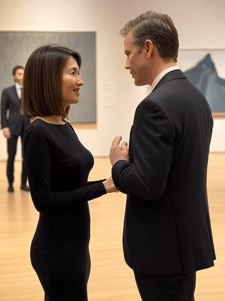 Pareja sofisticada disfrutando de arte contemporáneo en galería de Nueva York