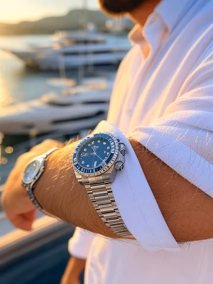 Rolex Submariner en muñeca masculina con yate y marina mediterránea de fondo