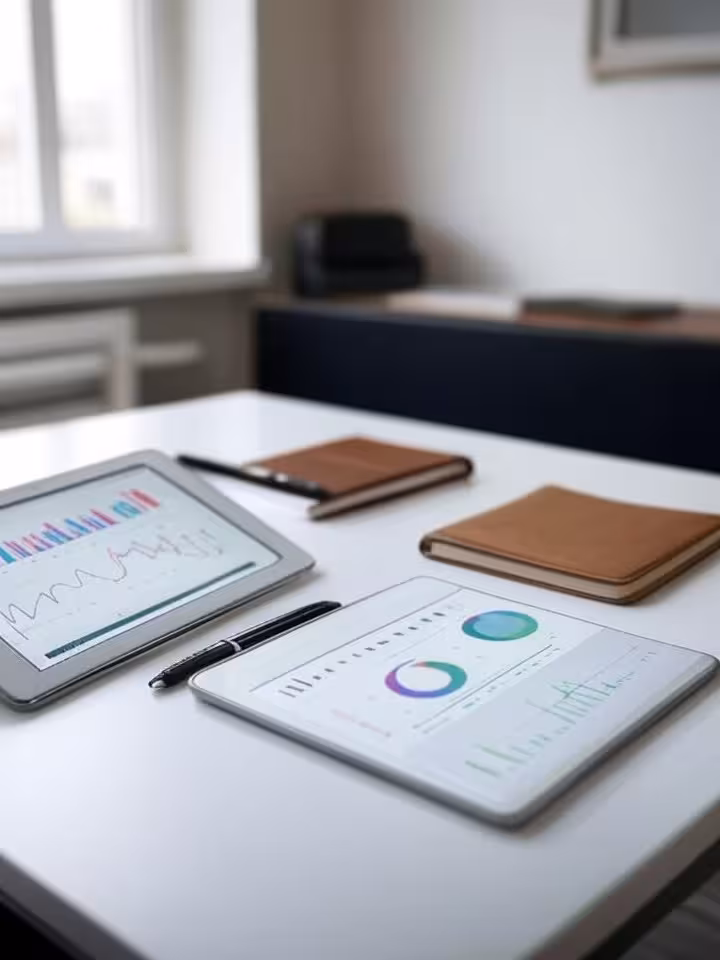 Espacio de trabajo elegante con tablet mostrando gráficos de planificación financiera