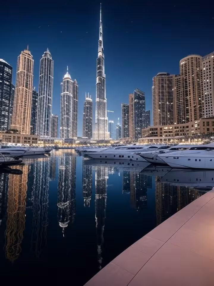 Marina de Dubai de noche con Burj Khalifa iluminado y yates de lujo