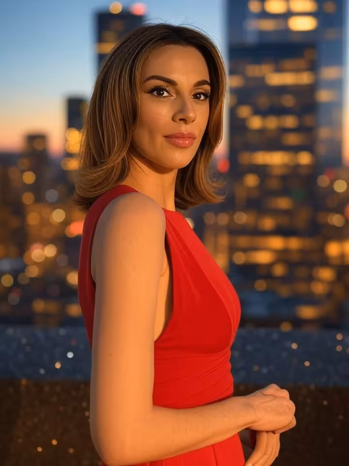 Sugar baby americana en rooftop de Manhattan con skyline de Nueva York