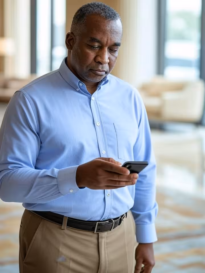 Hombre profesional pensativo mirando smartphone en entorno de lujo