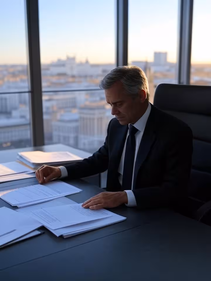 Profesional exitoso de 40 años gestionando negocios desde oficinas de las Cuatro Torres