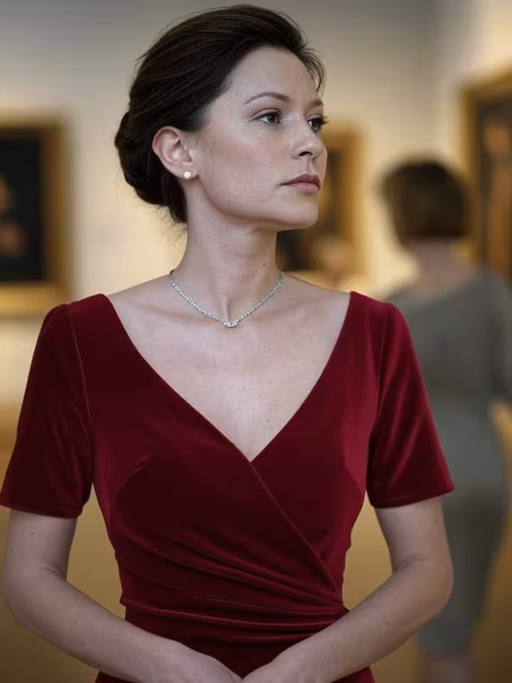 Mujer parisina sofisticada en inauguración de galería de arte