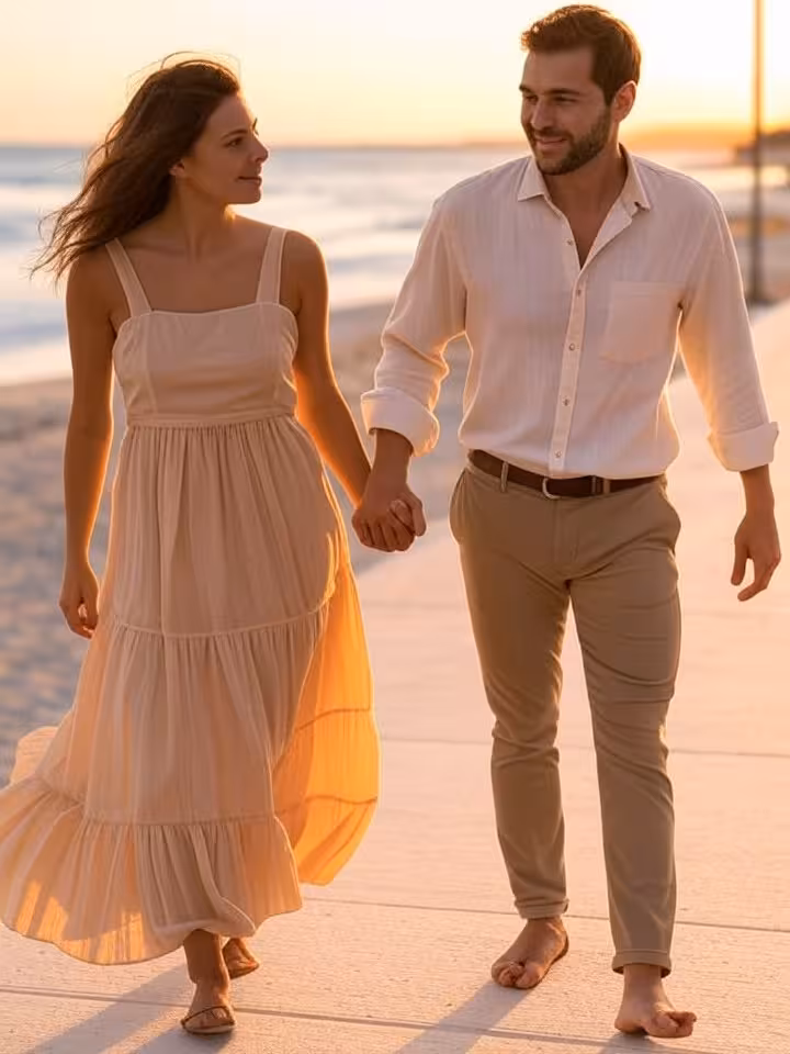 Pareja elegante paseando por costa mediterránea al atardecer