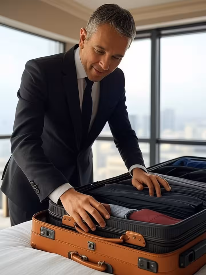 Preparación de equipaje con ropa elegante para viaje de negocios