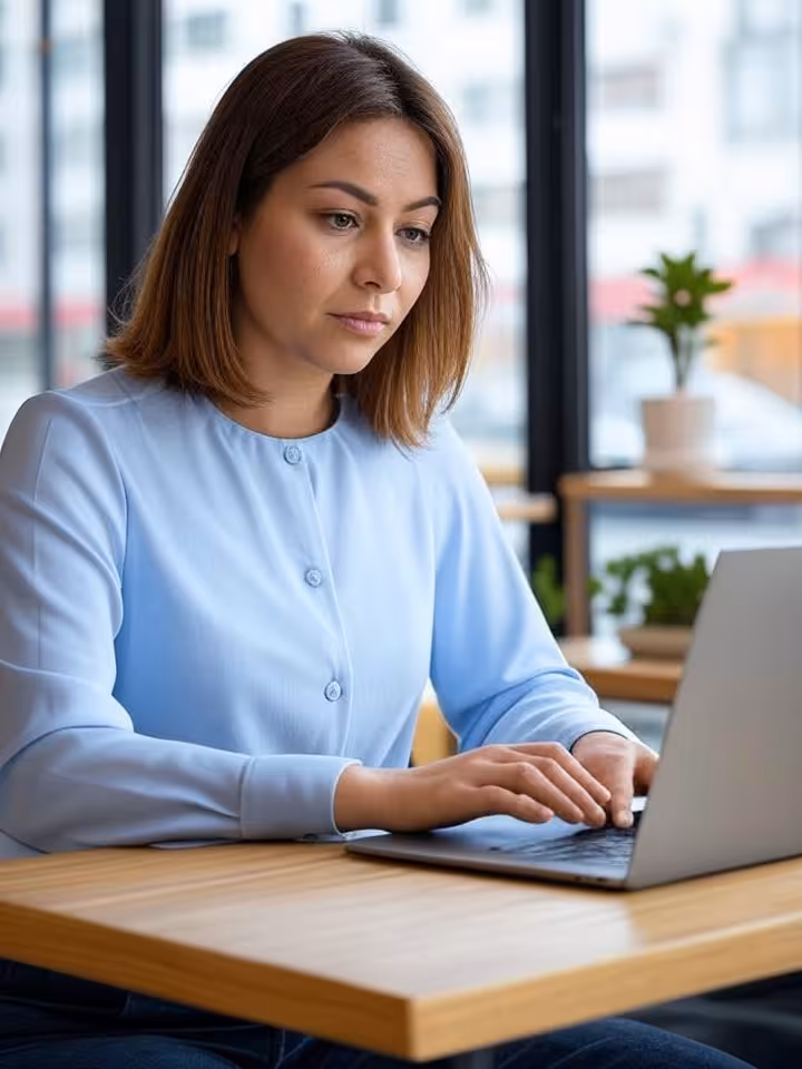 Profesional cosmopolita trabajando en café internacional con estilo híbrido