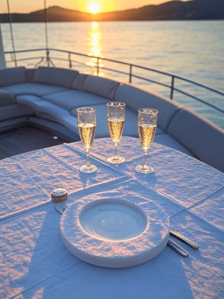 Cubierta de yate de lujo en el Mediterráneo al atardecer, estilo de vida exclusivo