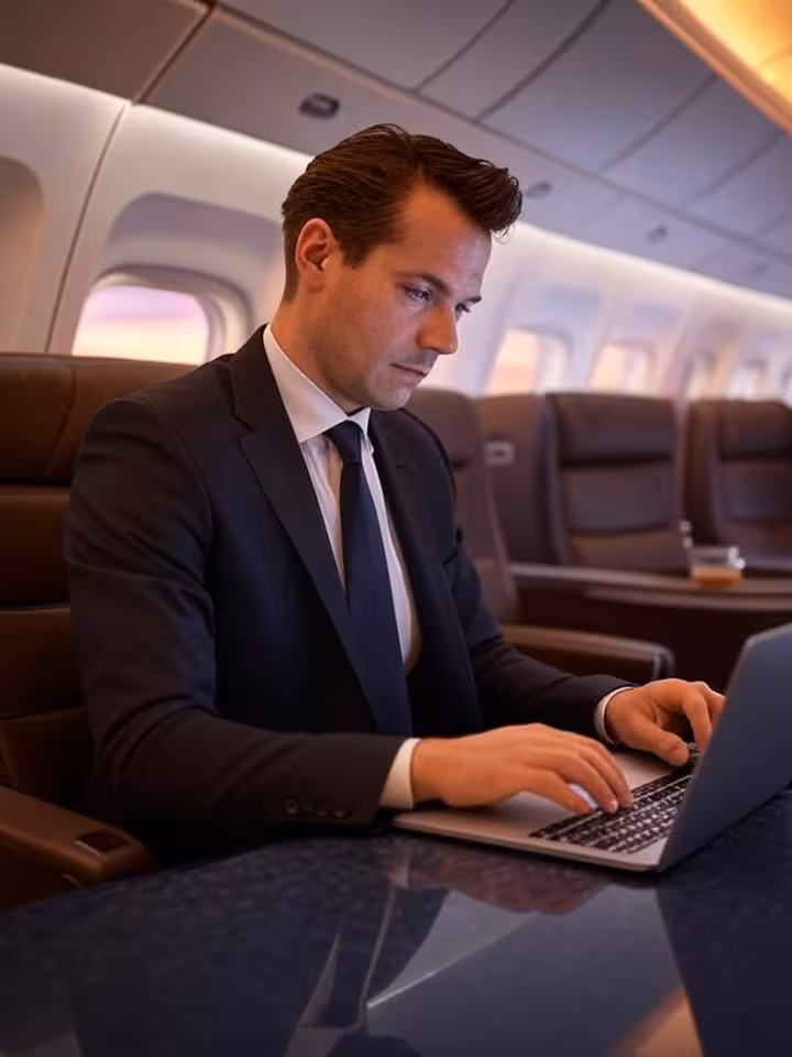 Cabina de clase business con ejecutivo trabajando durante vuelo internacional